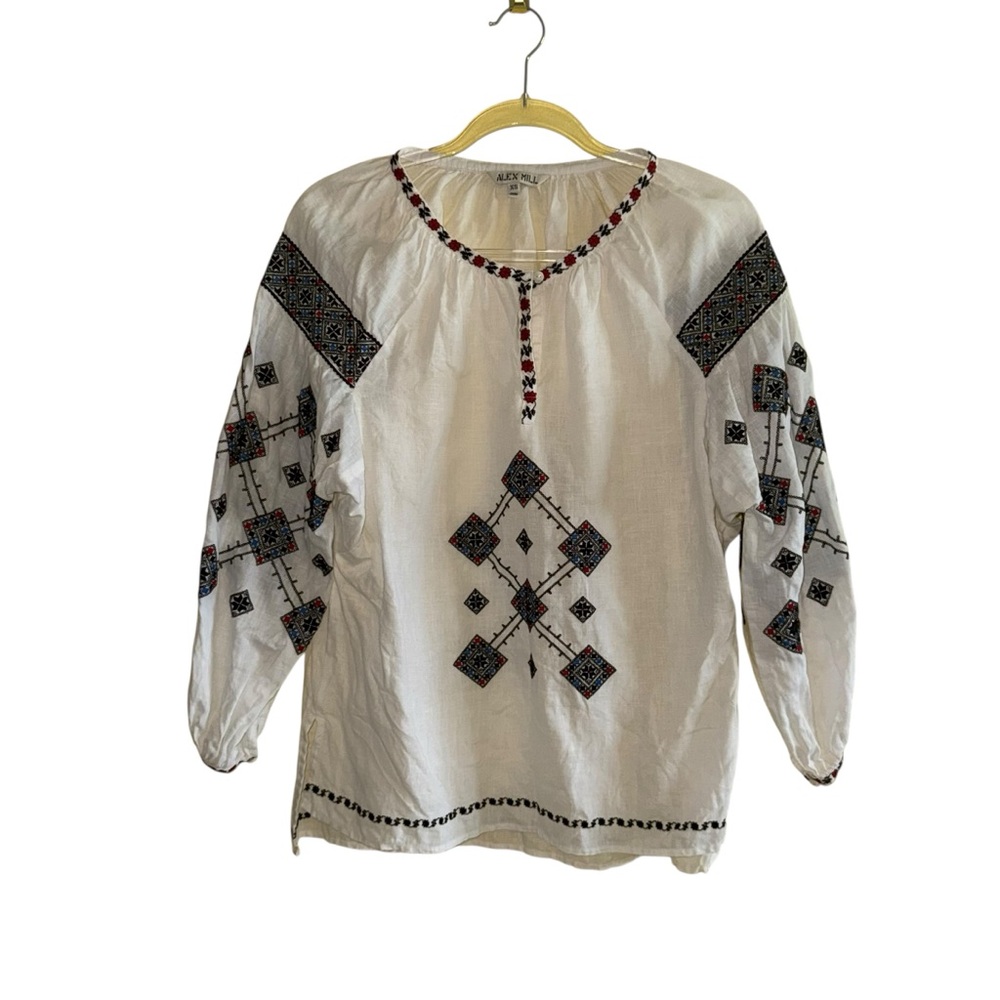 Alex Mill Women's Tunic Top Sz XS White Fair Isle Embroidered Blouse Long Sleeve